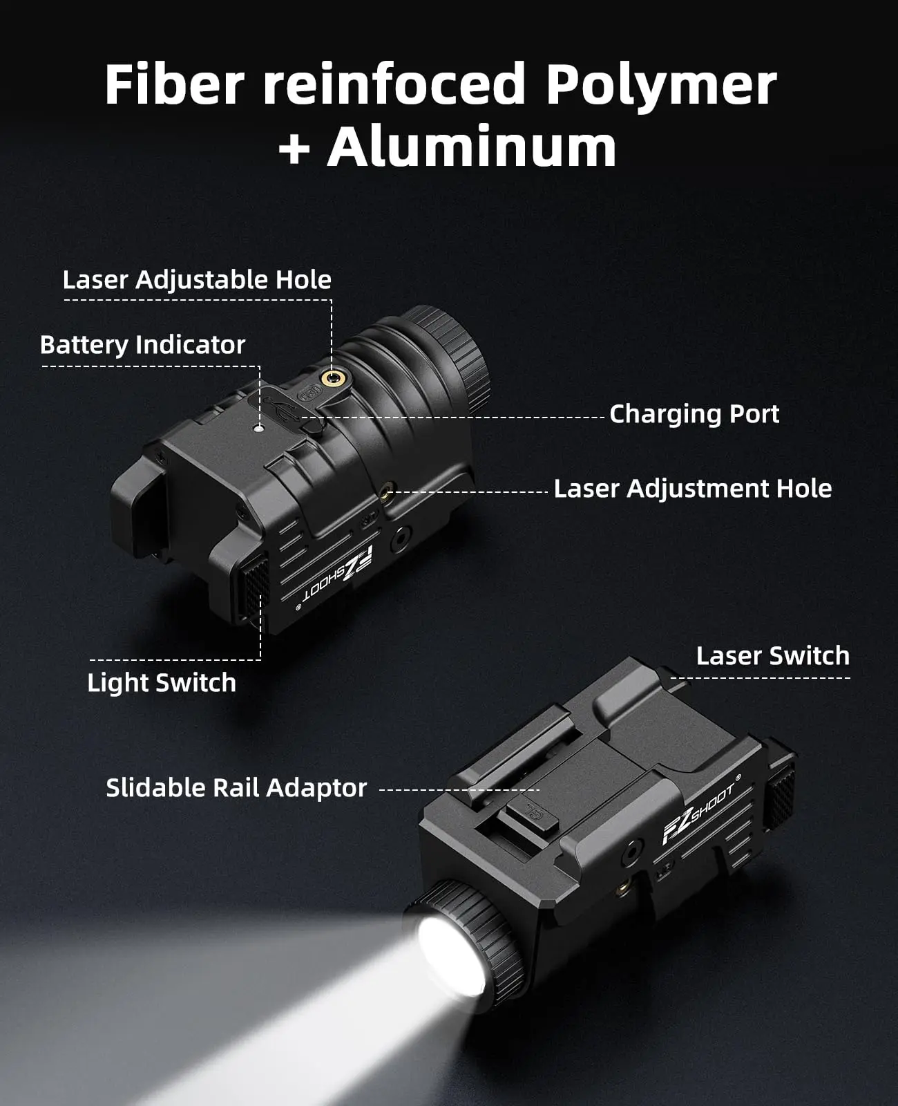 Combo de luz láser de 800 lúmenes recargable para linterna de pistola, riel deslizable, Glock y riel Picatinny, rayo láser verde