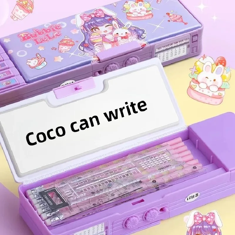 Cute Girls Double Layer Pencil Box with Combination Lock Large Capacity Cartoon Stationery Organizer School Supplies