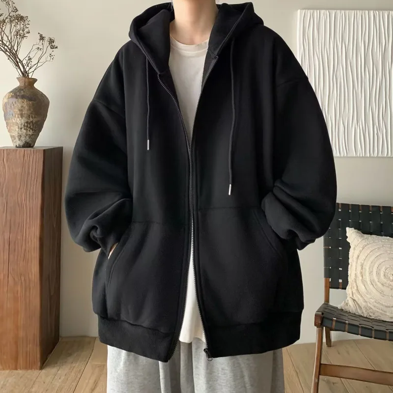 Harajuku Autumn New Fashion Brand Hoodie Men Solid Color Zip Up Sweatshirt Streetwear Casual Jacket Loose Fit Couple Outerwear