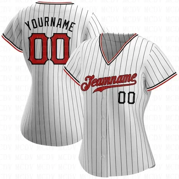 

Custom White Black Pinstripe Red-Black Authentic Baseball Personlized Football Short Sleeves Athletic Tee Shirts Unisex Top