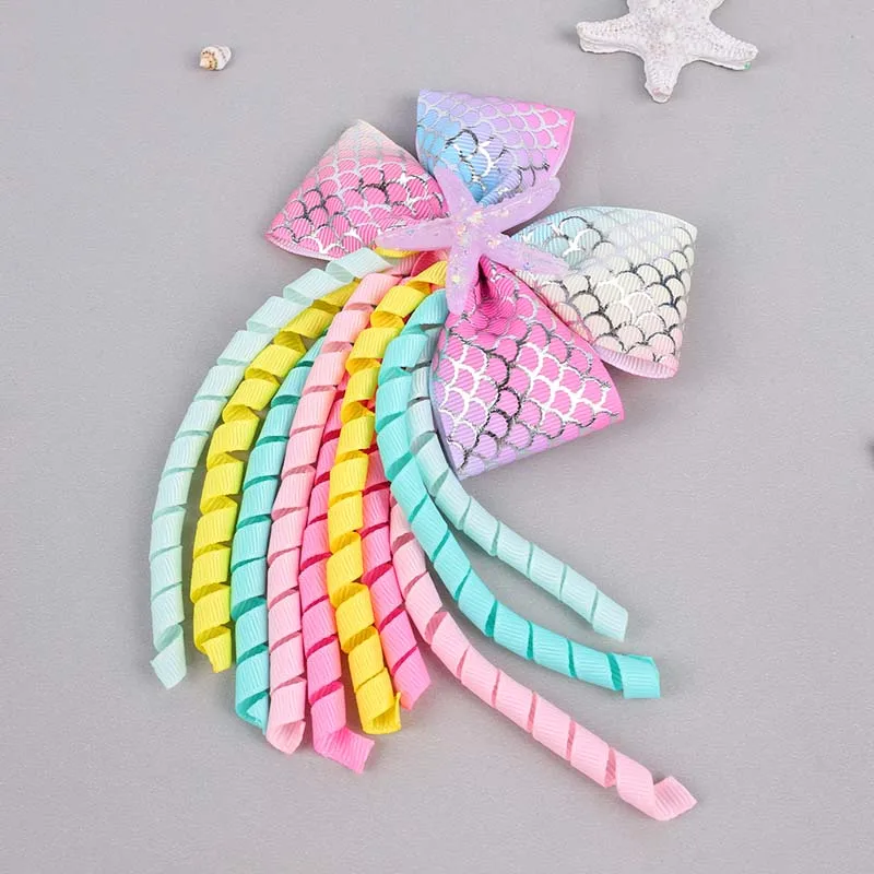 ncmama 2/1Pcs Mermaid Ribbon Flower Hair Clips Wavy Curls Hairpins for Toddler Sweet Girls Handmade Barrettes Hair Accessories