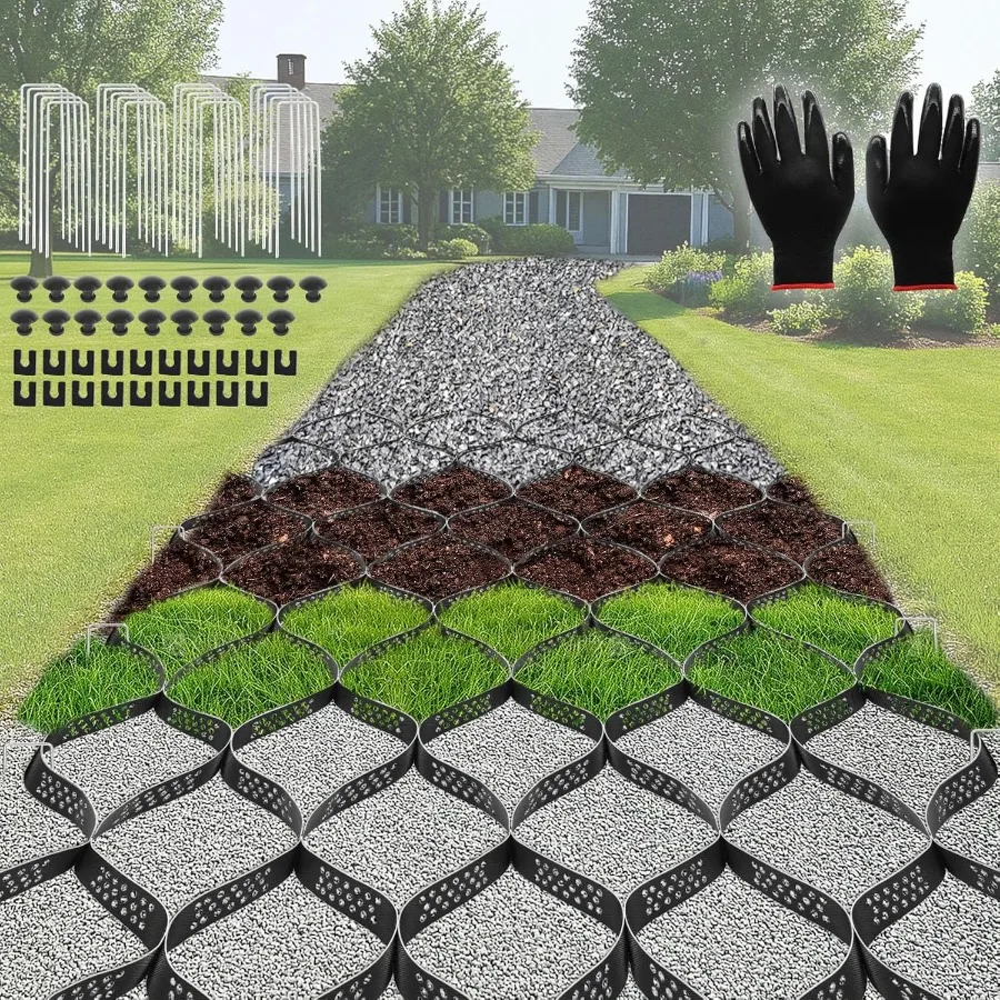 

Gravel Grid 33 x 4 FT 2'' Depth Geo HDPE Grid Gravel Grid Driveway Stabilization with Gloves Geo Cell 1900 Lbs Per Sq Ft Load G