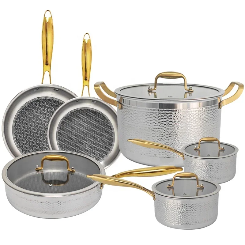 High Quality Induction Non-stick Honeycomb Pan10Pcs Gold Stainless Steel Cookware Set 3 Ply Hammered Stainless Steel Pot and Pan