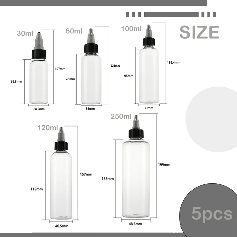 트위스트 탑 캡이 있는 플라스틱 스퀴즈 병, 페인트 아트 접착제 공예 잉크 액체 오일용 디스펜싱 어플리케이터 병, 30-250ml, 5 개