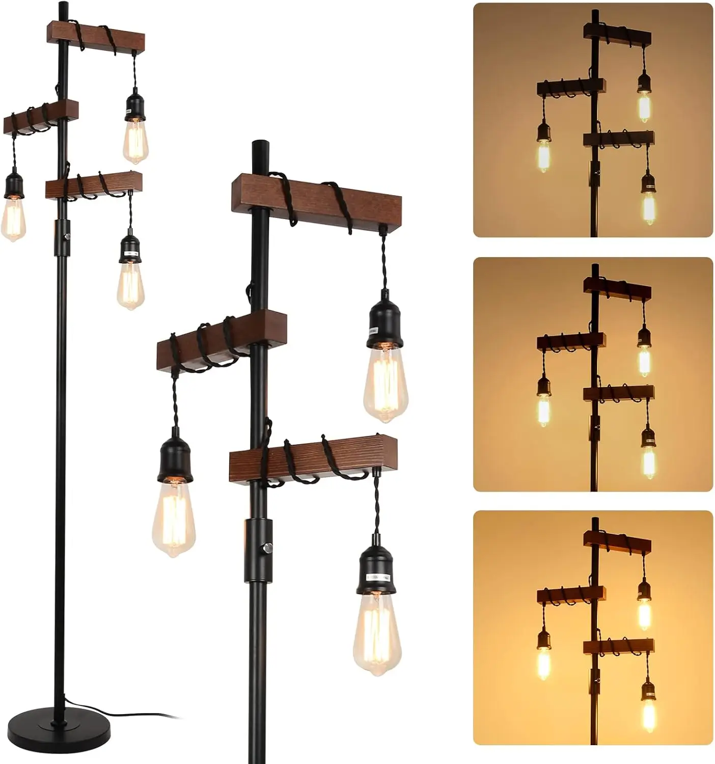 

Dimmable 3-Light Industrial Floor Lamp, 68 Inch Vintage Wood Standing Light with Sturdy Base for Living Room Bedroom Office