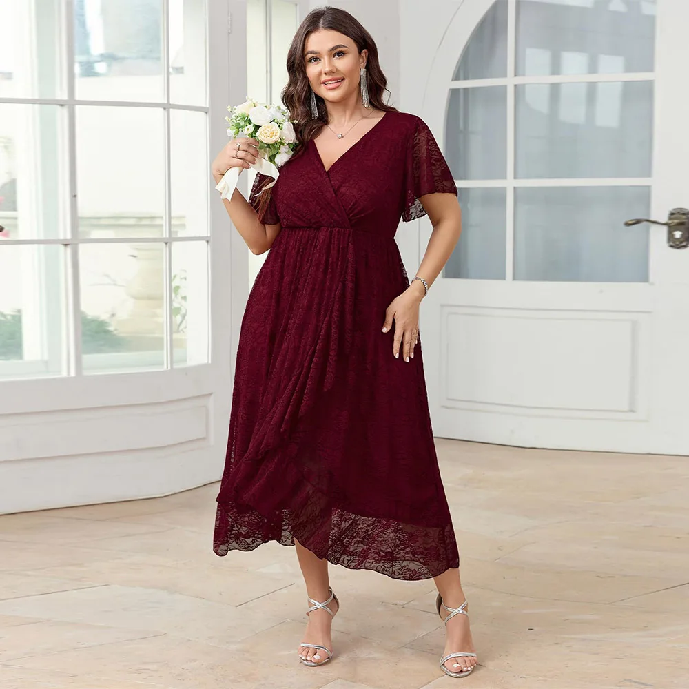 

Customized Exquisite Womens Wedding Guest Dress Formal Lace Wrap V Neck High Low Short Sleeve Mother of The Bride Dress 2025