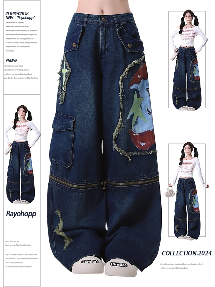 

Women Tomboy Goblin Core Baggy Jean Japanese Y2K Streetwear Punk Style Harajuku Wide Leg Cargo Denim Pants Grunge 2000s Grunge