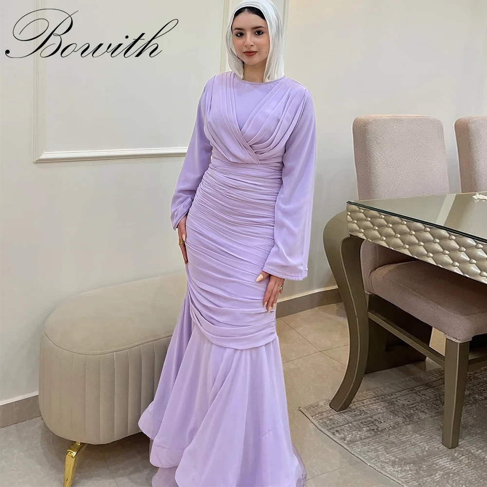 

Bowith Muslim Evening Dresses Dubai Long Sleeves Women Dresses for Special Occasion Pleats Mermaid Party Dresses Customized