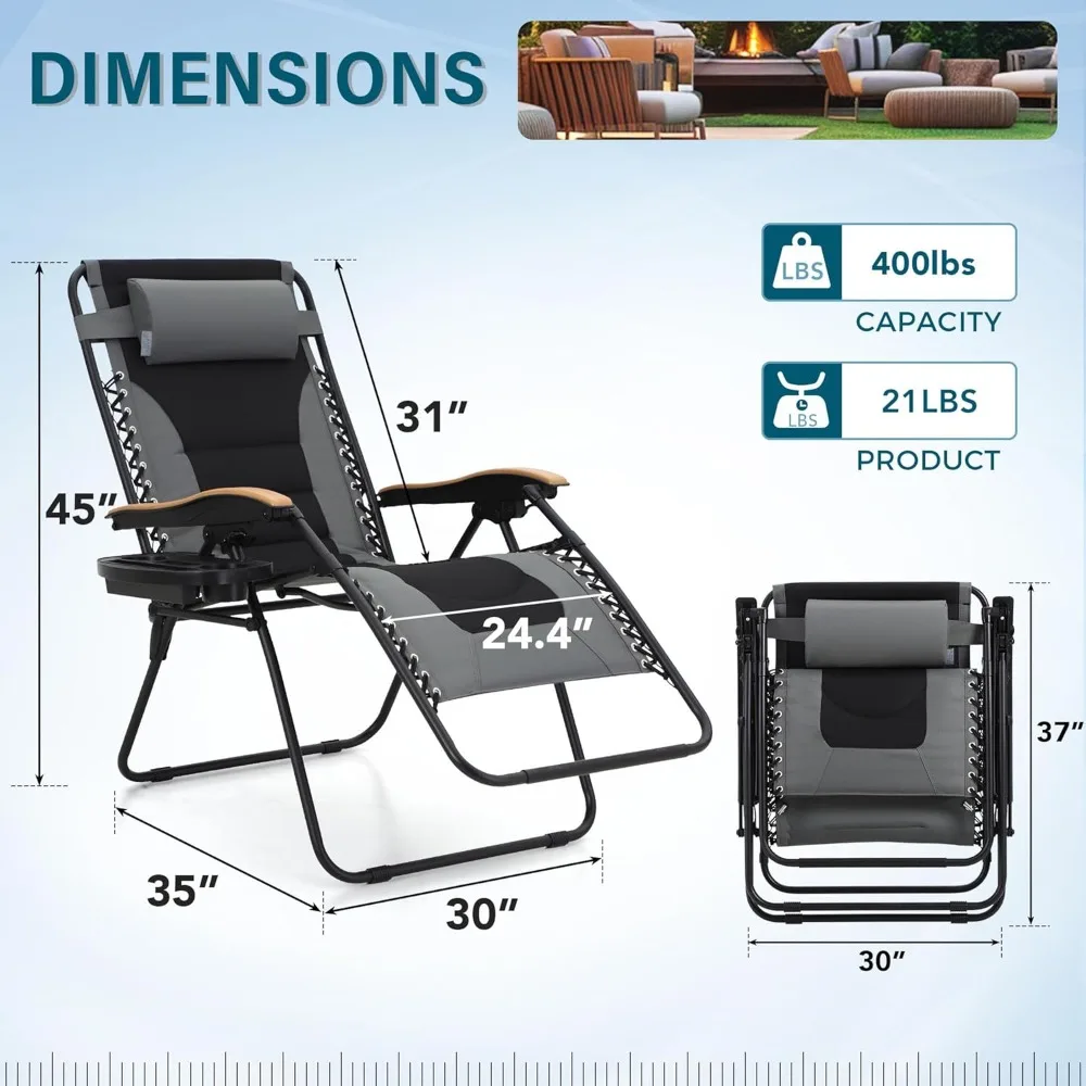 Zero Gravity Chairs, Oversized Patio Recliner Chair, Padded Folding Lawn Chair with Cup Holder Tray, Support 400lbs, Grey