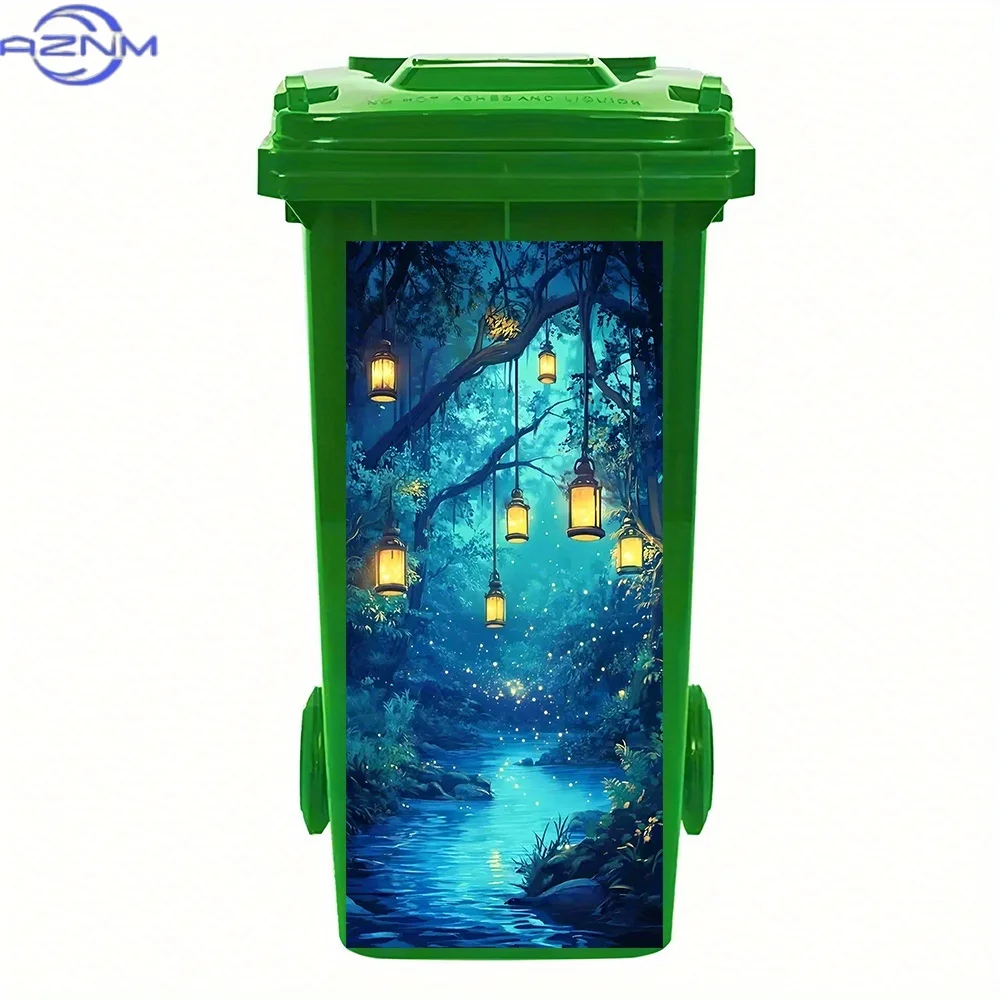 1pc Mystical Lantern River Trash Can Sticker - Waterproof PVC Night Scene Decal for Garbage Bin, Wall Art (30.99x70.0cm), Natu