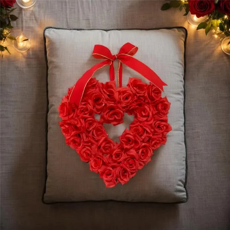 

BMBY-Floral Garland Dangling Valentines Day Decoration 40Cm Beautiful Red Flower Garland With Bowtie Decoration For Entrance