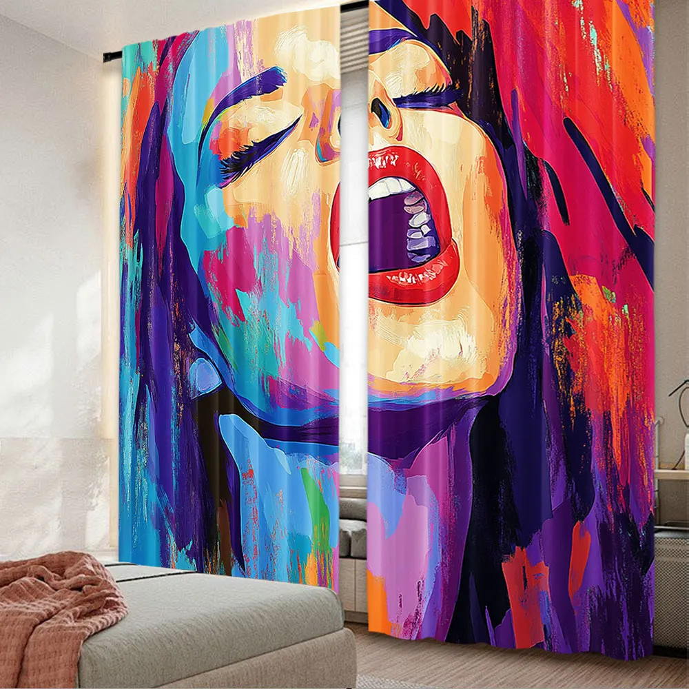 2Pcs Jazz Music Curtain Oil Painting Woman Singer On Performing Singing Suitable For Bedroom Living Room Dining Room And