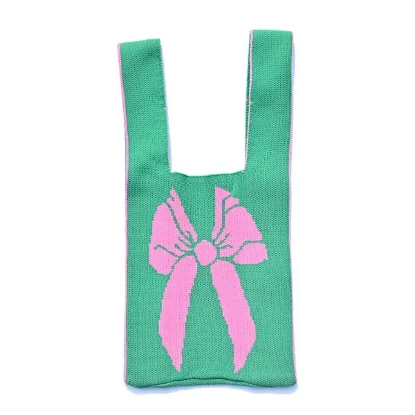 

Female Crochet Knitted Bowknot Yarn Vest Shape Tote Bag Teenager Ins Fashion Cute Kawaii Open Soft Everyday Shopping Shopper Bag