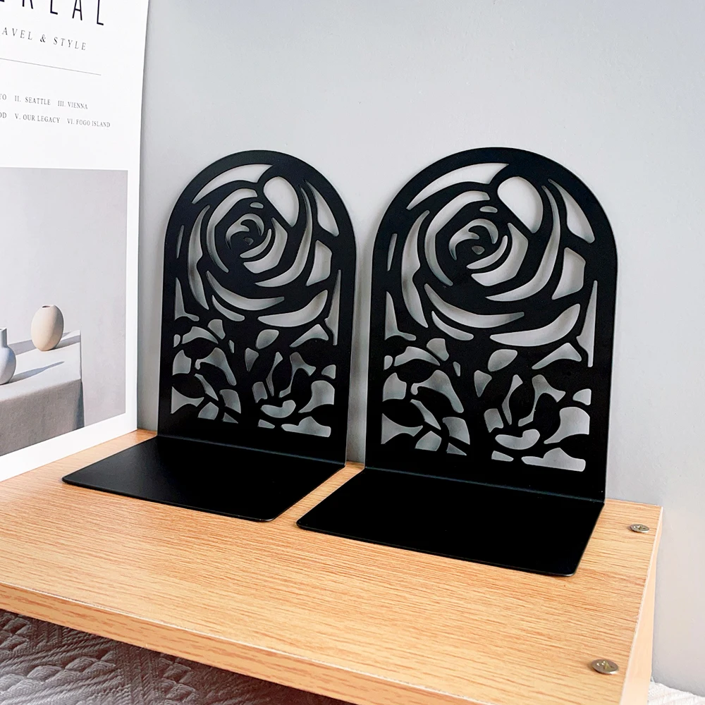 Elegant Black Thorn Rose Flower Metal Bookends for Women Decorative Heavy Duty Books Stand Support Gifts for Bookworm