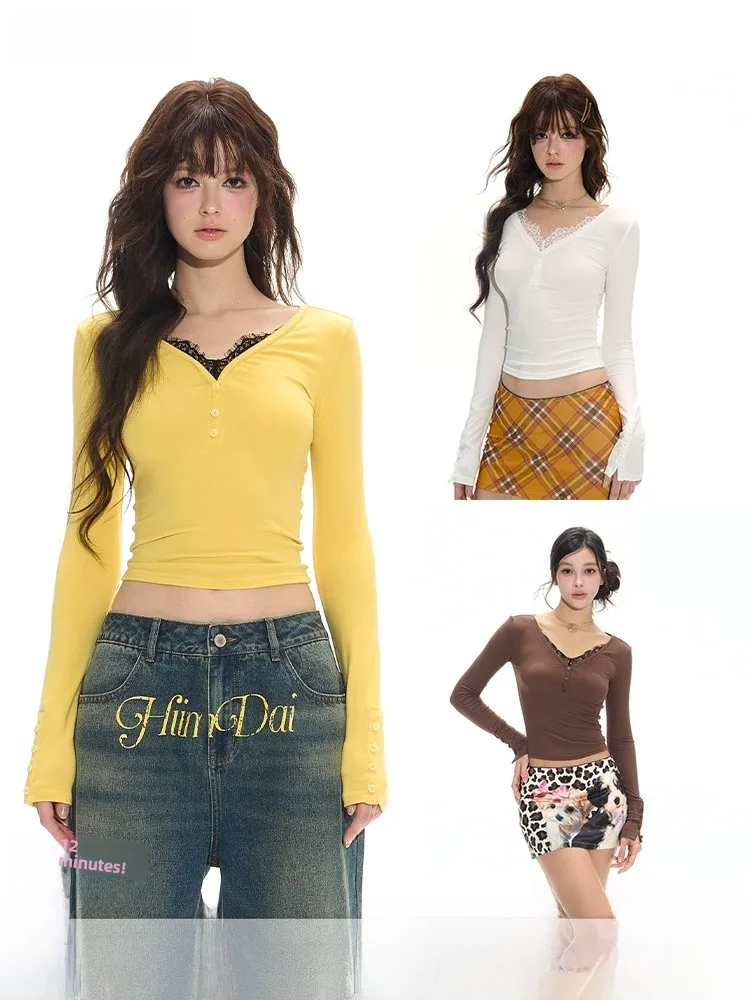 

HiimDai Удобная облегающая трикотажная футболка Dopane Lemon Yellow с v-образным вырезом и кружевом, искусственный двухсекционный базовый слой, женская мода...