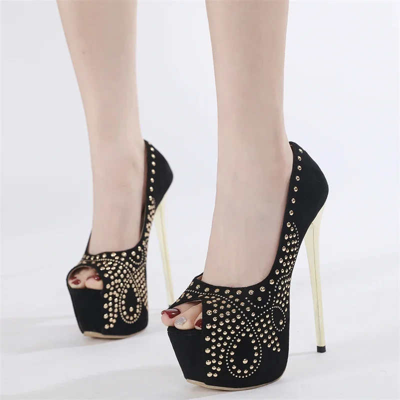 

Women 2025 Fashion Design Gold Rivet Platform Women Pumps Sexy Peep Toe 16CM Super High Heels Wedding Banquet Shoes Stilettos