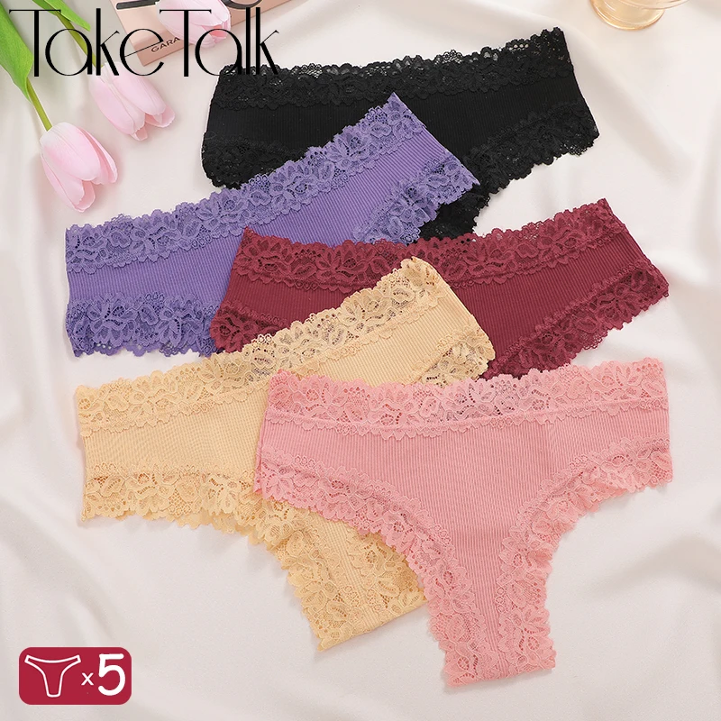 5Pcs frauen Baumwolle Höschen Spitze Sexy Brasilianische Hosen Floral Spitze Unterwäsche Trendy Patchwork Briefs Weibliche Weiche Unterhose M-XL