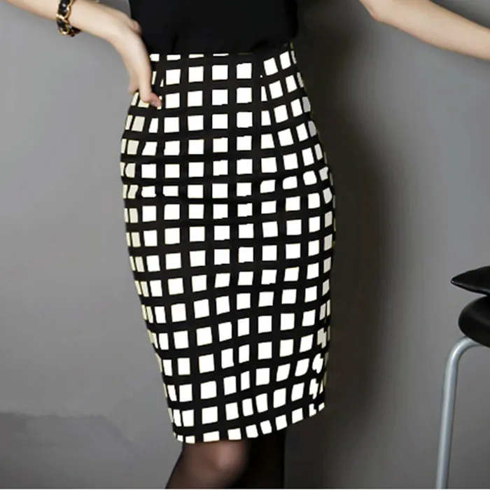 Plaid bag hip skirt large size S-3XL casual skirt ladies temperament high waist stretch pencil skirt office