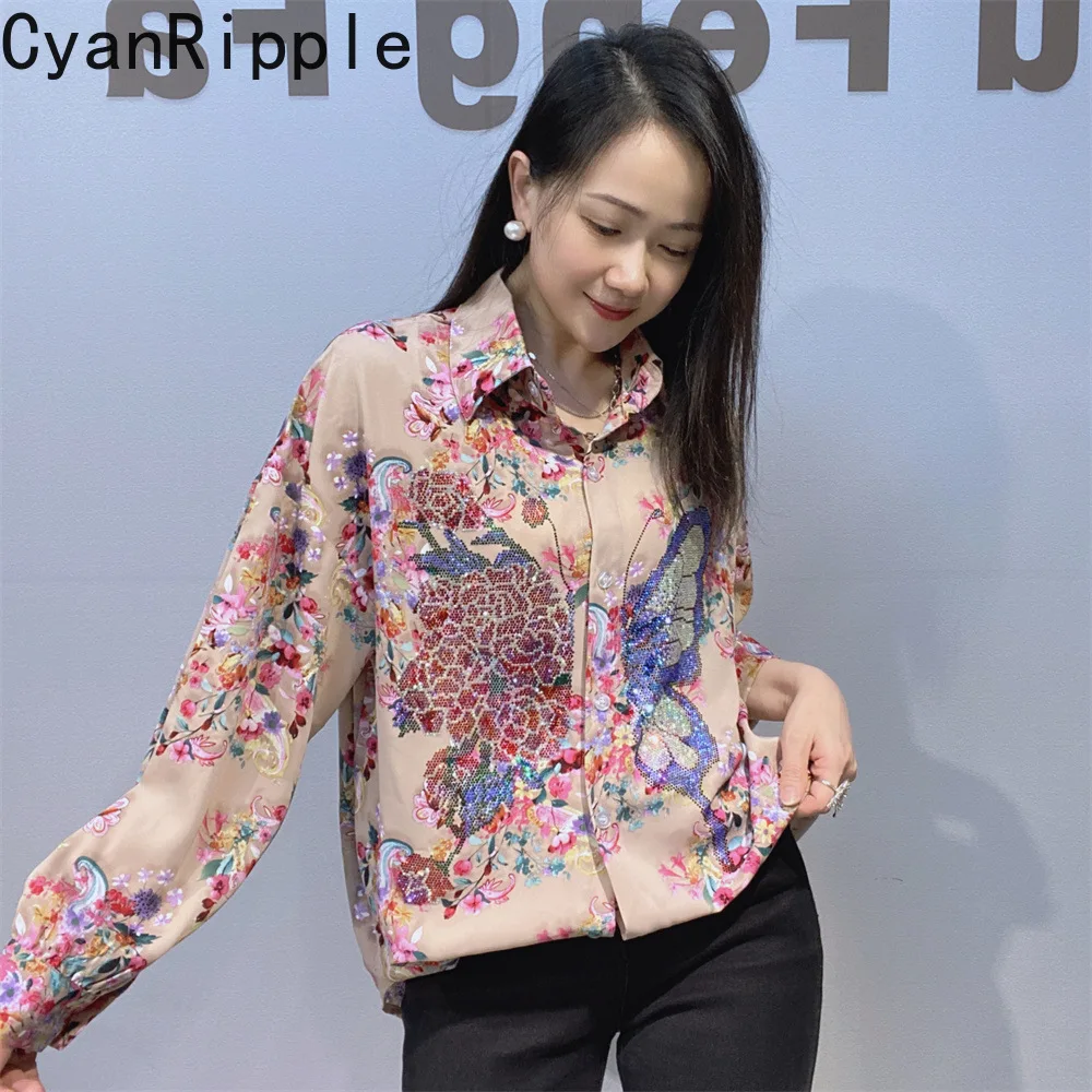 

Fashiona Spring Summer Pink Long Sleeve Women Blouses Hot Diamonds Printed Casual Cardigans Top All-match Female Chiffon Shirt