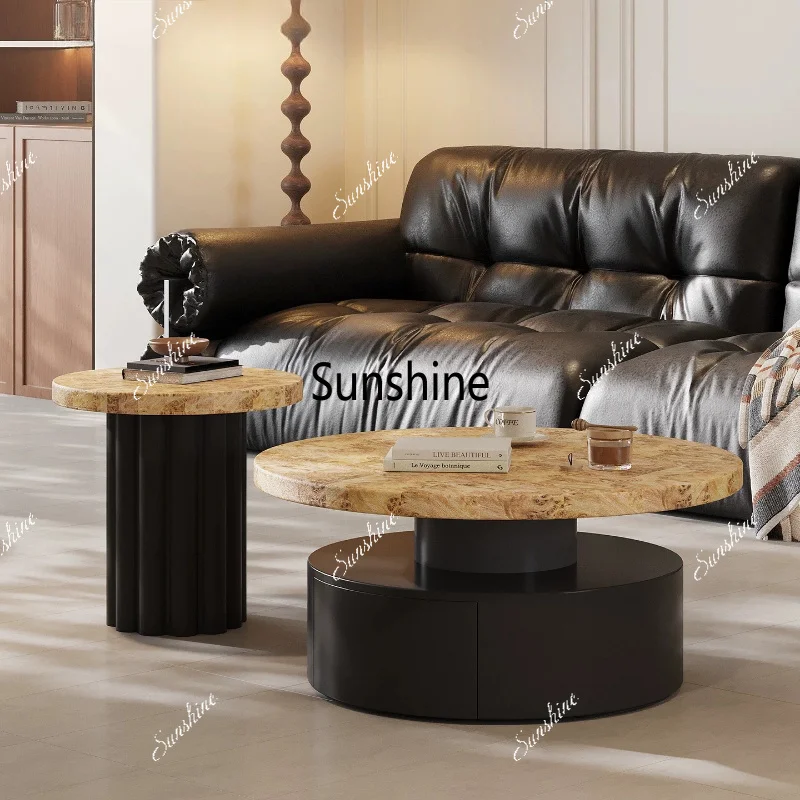 Medieval style coffee table small apartment living room household solid wood round coffee table