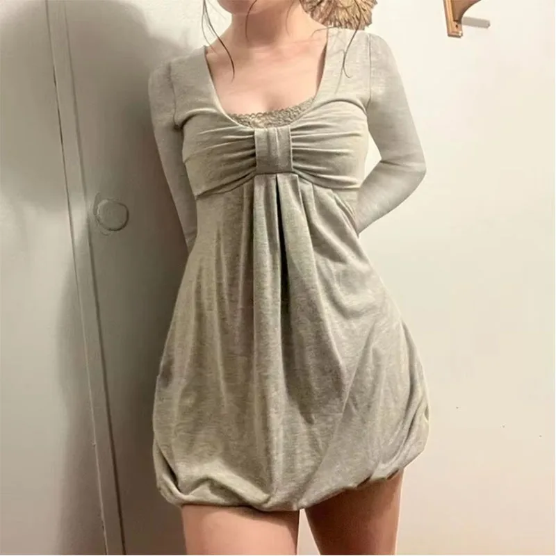 Elegante Süße Bogen Patchwork Gefälschte Zwei Stück Kleider Sexy Quadrat Kragen Kleid für Frauen Lange Hülse Lose Vestidos femininos