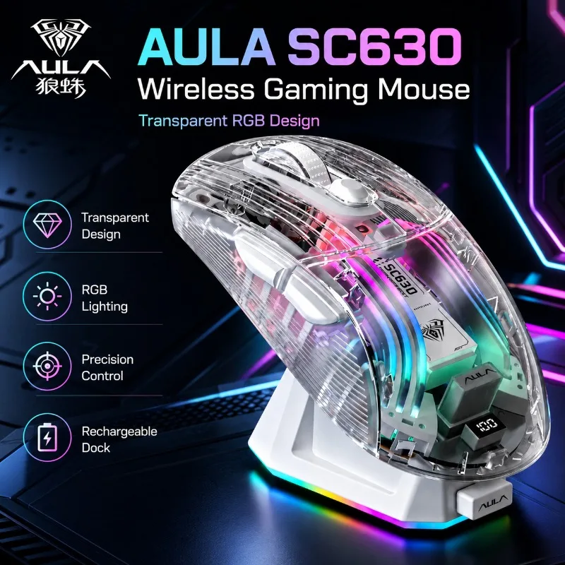 AULA SC630 Gaming Mouse Transparent Shell RGB Backlit Wireless Rechargeable Mouse with Display Charging Base for PC Laptop Gamer