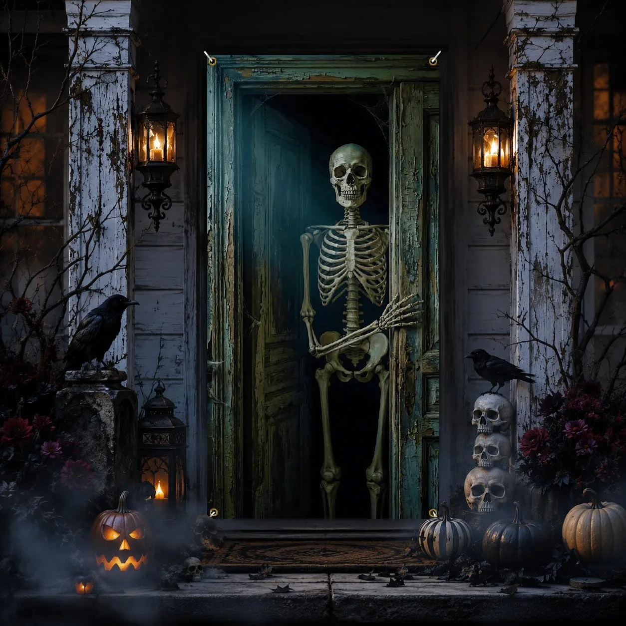 Halloween-Türbanner, Gruseliger Hängender Skelett-Fotohintergrund, Partydekoration und Zubehör, Fotorequisiten