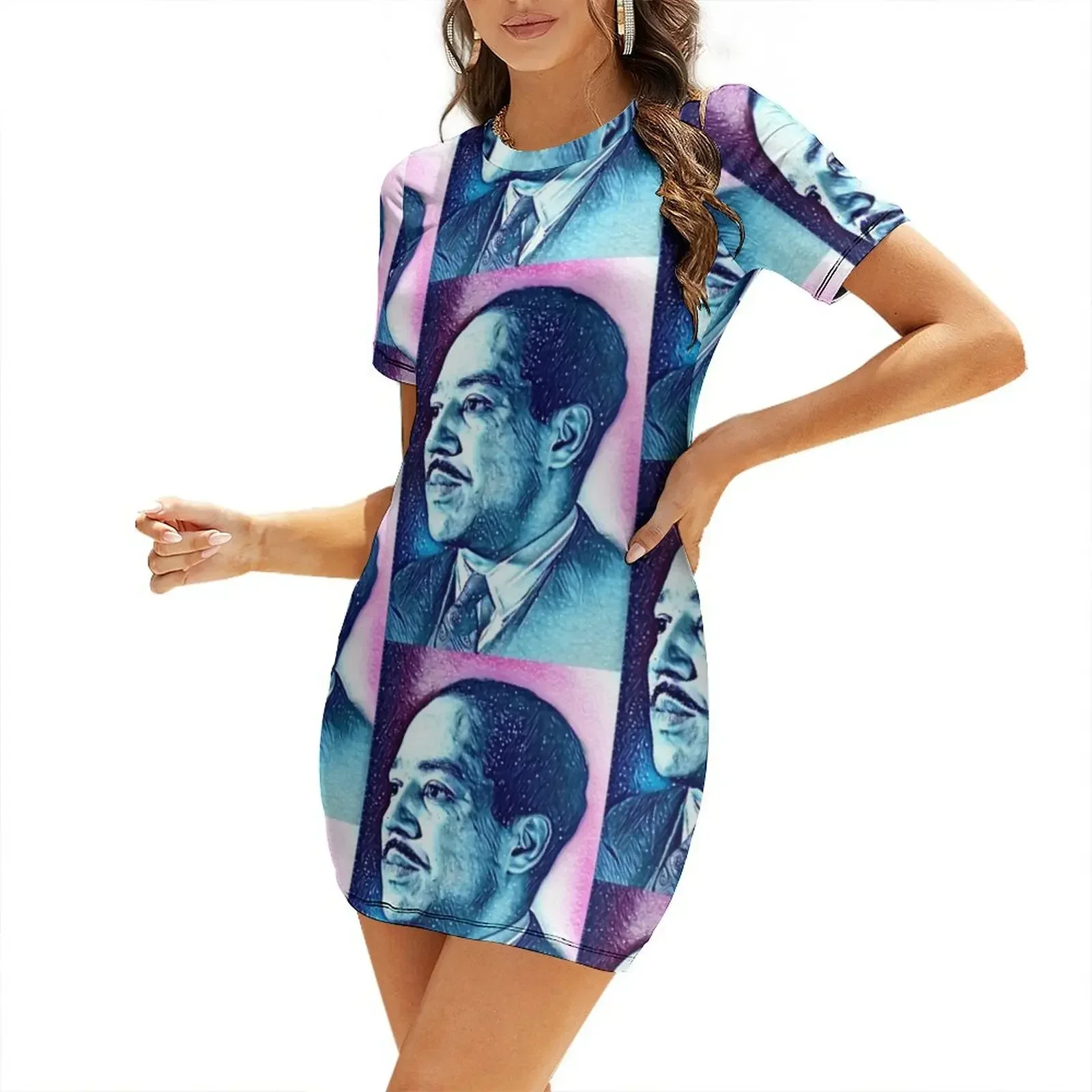 Obra de arte de Langston Hughes, retrato de Langston Hughes, arte de pared de Langston Hughes, vestido de manga corta, vestidos de noche para damas