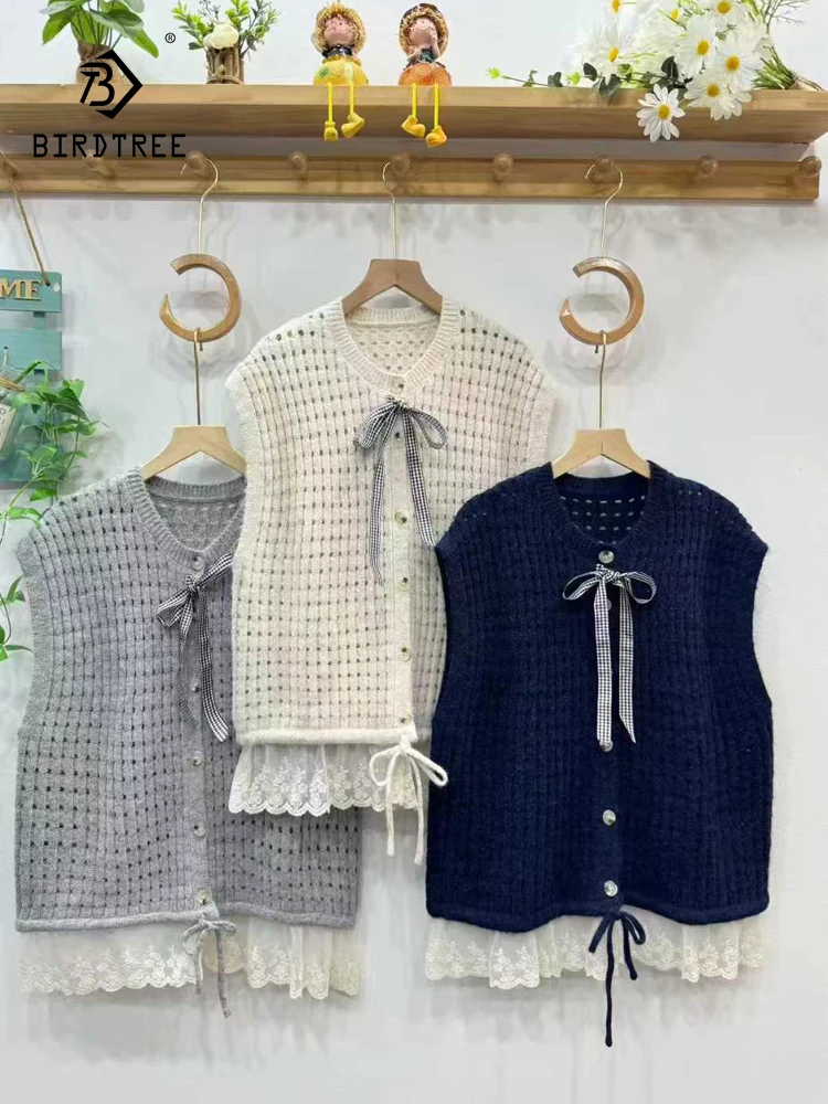 

Новый осенний хлопковый жилет 2025 года, женский лоскутный свитер с круглым вырезом и бантом, милый вязаный свитер Mori Girl в консервативном стиле, жилет-кардиган T5O644CC