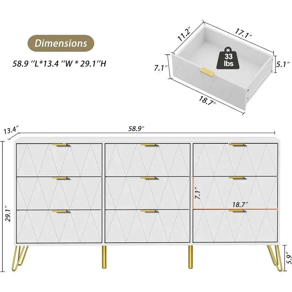 Gold-Handled Chest of Drawers and Deep Drawers in Natural Wood for Bedroom and Living Room (White)