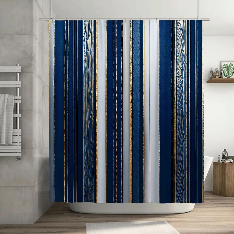 

Темно-синяя занавеска для душа с белыми полосками и золотыми акцентами, современный геометрический узор для роскошной минималистской ванной комнаты