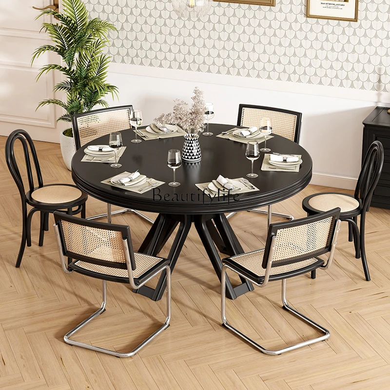 American Solid Wood Dining Table Rattan Chair Combination Modern Minimalist Large round Table Retro French Dining Table