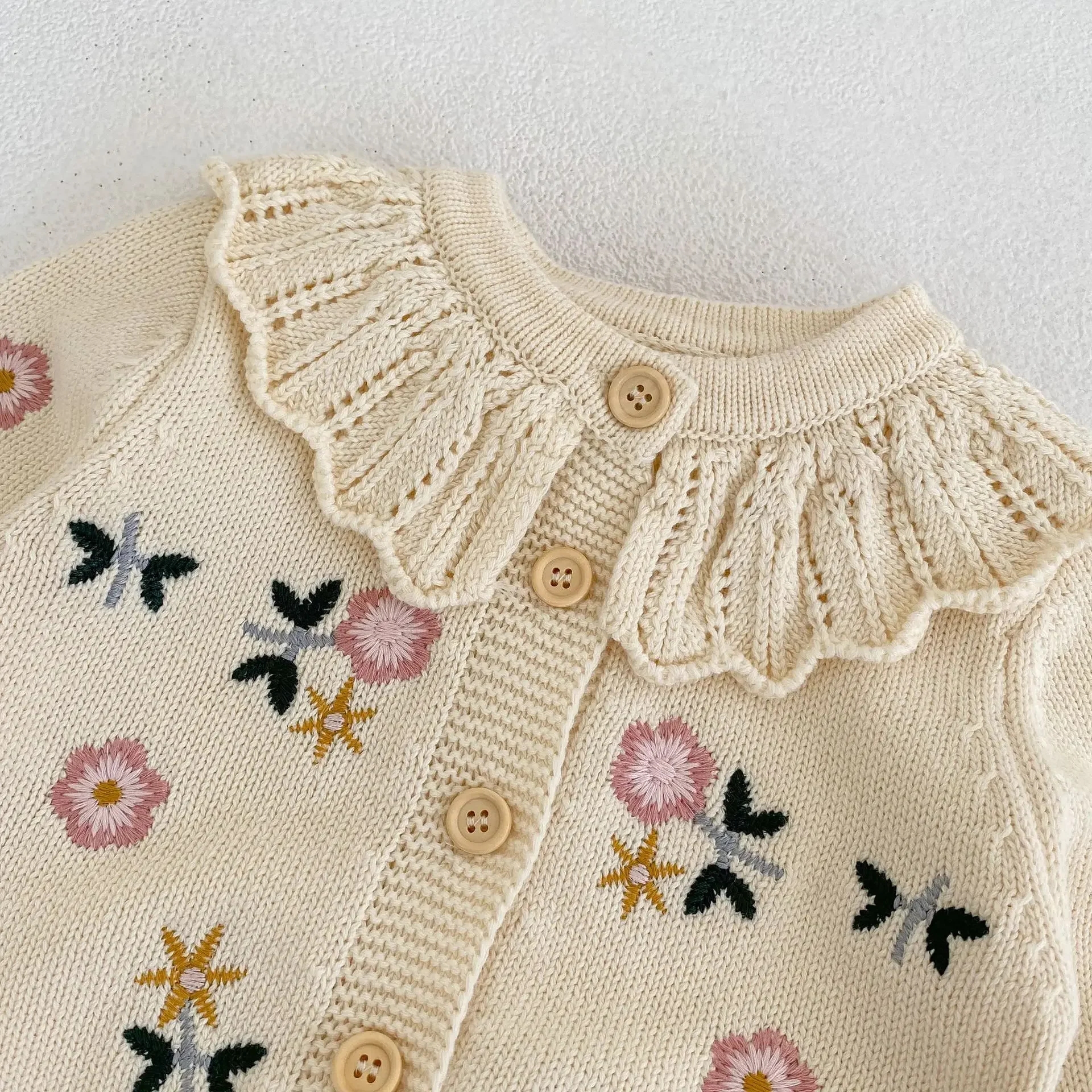 baby clothing set Spring autumn girls flower embroidered lotus collar knitted cotton long sleeve casual simple cardigan coat