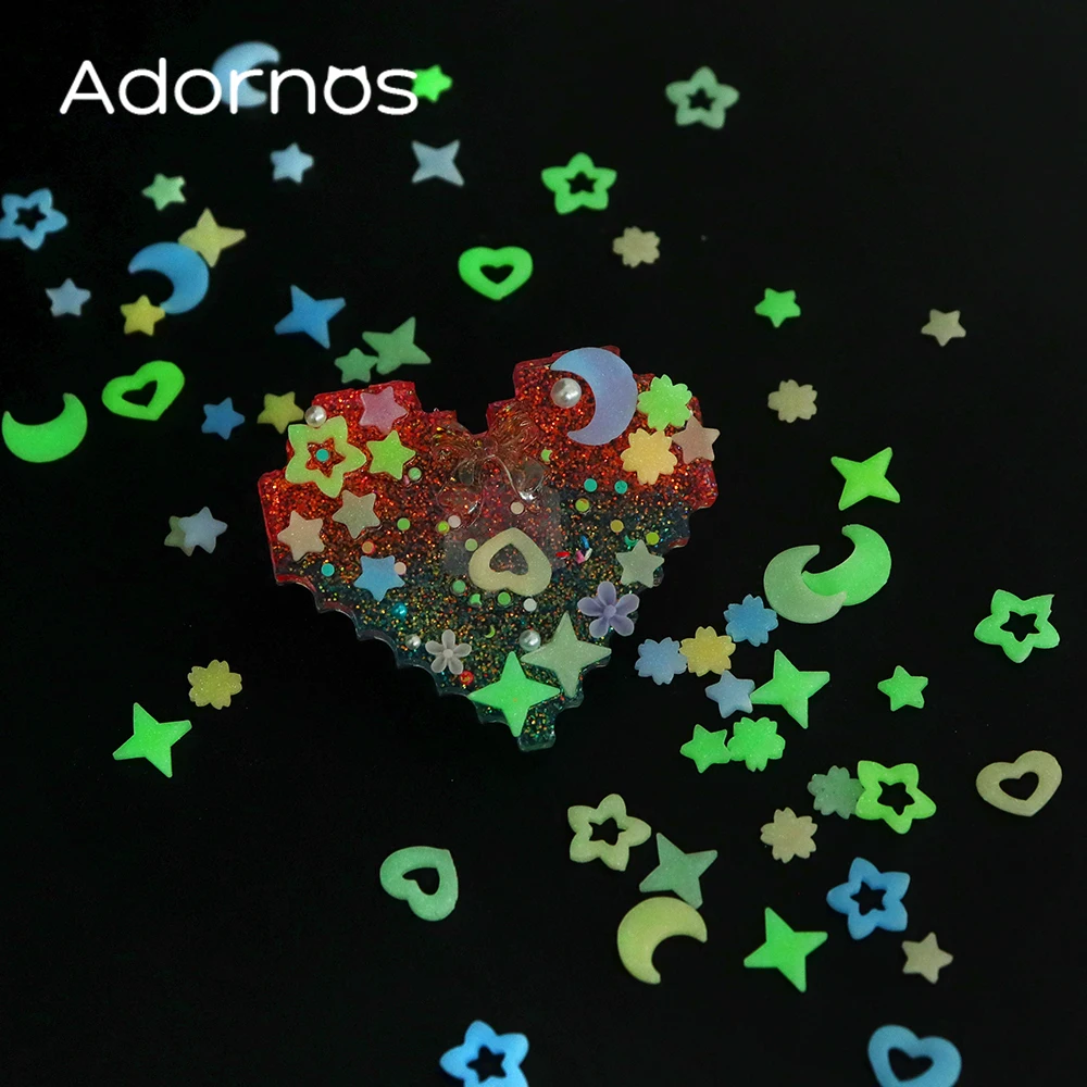6 Grids Luminous Stars Cherry Blossom Epoxy Resin Filler Green Light Moon Love Heart Soft Clay Summer DIY Keychain Making