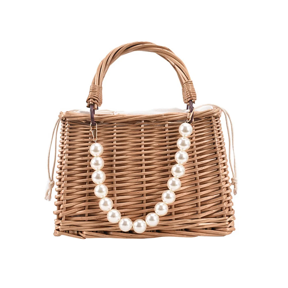 

Grass-woven Pearl Handbag Straw Beach Bag Women Large Opening Storage Khaki Fashionable Portable Strohtasche Handtaschen Wallet