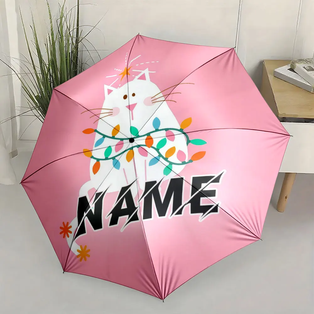 Custom Name Umbrella, Cute White Cat with Festive String Lights on Pink Background Folding Umbrella for Sunny and Rainy,Gift
