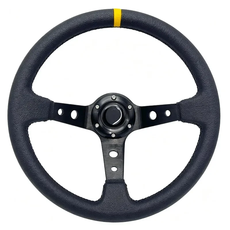 Volant de course 14 pouces, poignée en PVC, marqueur central jaune, 3 rayons, fond plat, sport, universel, modifié, drift, intérieur de voiture