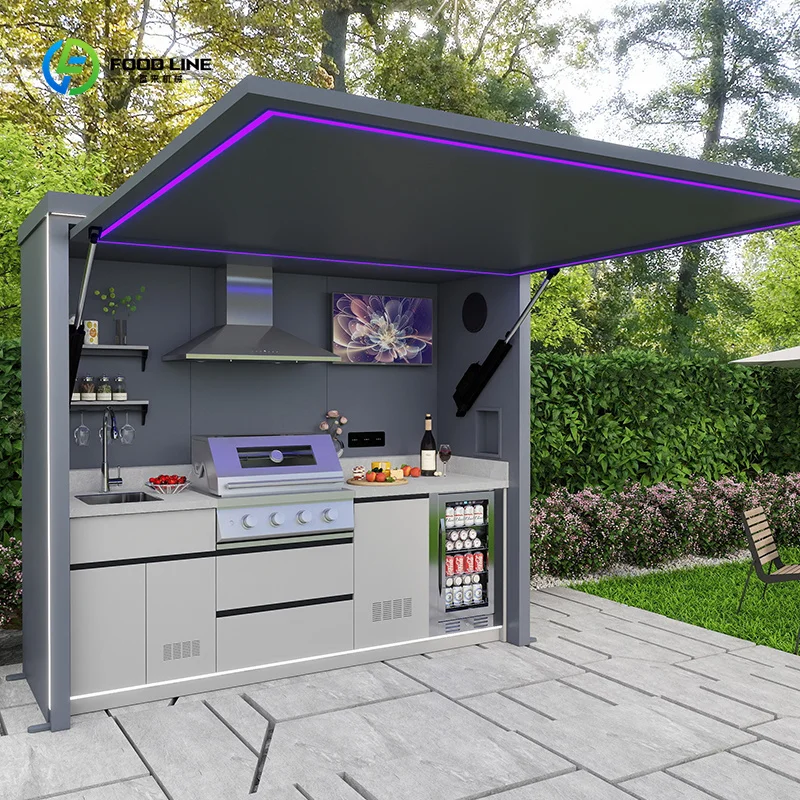 Outdoor BBQ Kitchen Cabinet Gas Stove Electric Lighter Stainless Chrome Remote Flame Control Custom