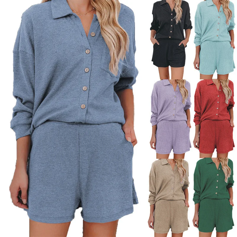 Shorts Set Woman Fashion 2022 Summer Solid Color Buttons Leisure Turn Down Collar Woman Shorts Set Dropshipping YYF2277