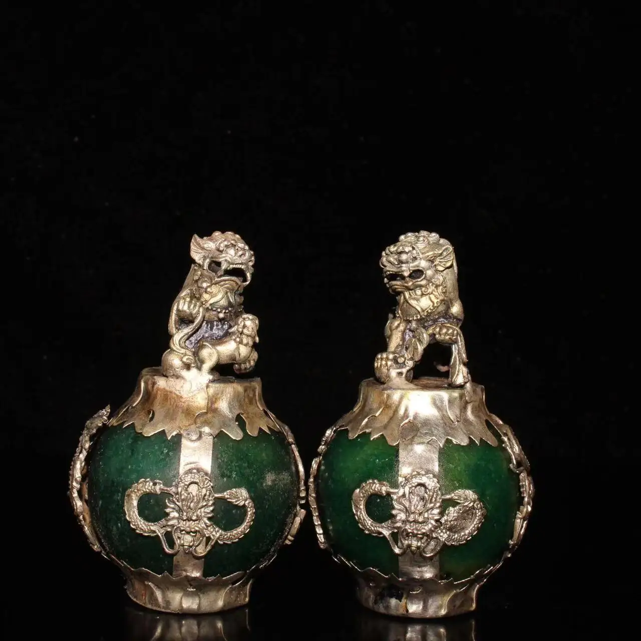 Old Chinese silver&green jade Lion Hydrangea,A pair
