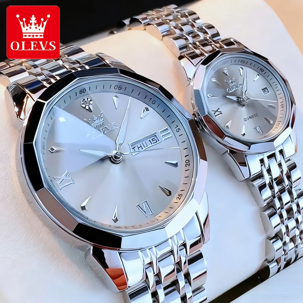 OLEVS Couple Watches Trend Fashion Stainless Steel Original Quartz Wristwatch for Lover Waterproof Luminous Date Week 2pcs Watch