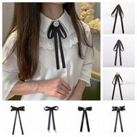 1Pcs Women's Handmade Ribbon Bow Tie Pins in Black, British Korean College Style for White Collar Shirt.