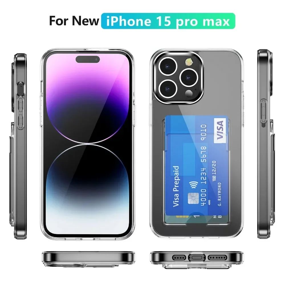 Transparent Phone Case with Card Holder for IPhone 15 14 Plus 13 12 11 Pro Max Slim Protective Shockproof Clear Cover