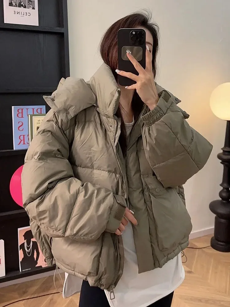 Winter Women Short Casual Down Jacket White Duck Down Korean Fashion Down Coat Hat Detachable Zippers Loose Female Down Jacket