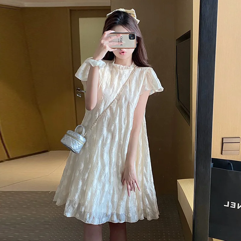 

French Style Maternity Clothes Short Lady Party Dress Ruffled Collar Petal Sleeve Plus Size Pregnant Woman Mini Dress Sweet