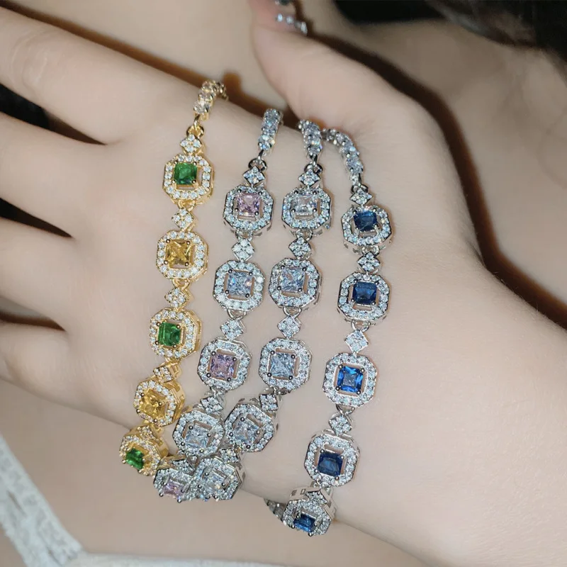 

MDLFES Mo!ssanite style bracelet women 18k plated faux candy tourmaline blue corundum full diamonds