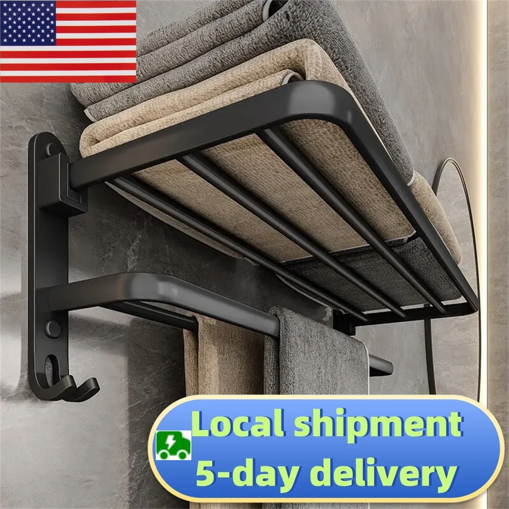 40-60CM Wall-Mounted Bathroom Black Storage Rack Foldable Hook Towel Rack Bathroom Storage Belongs To Bathroom Facilities