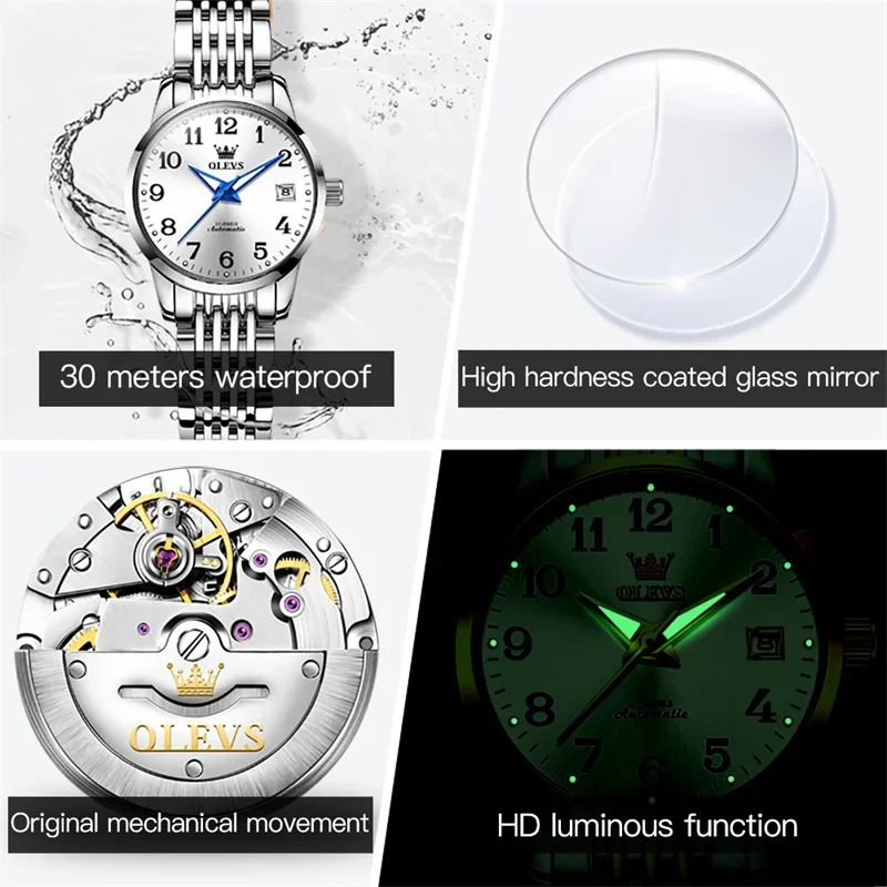 OLEVS Classic Automatic Mechanical Watch for Women Luxury Stainless Steel Waterproof Luminous Elegant Ladies Wristwatches Reloj