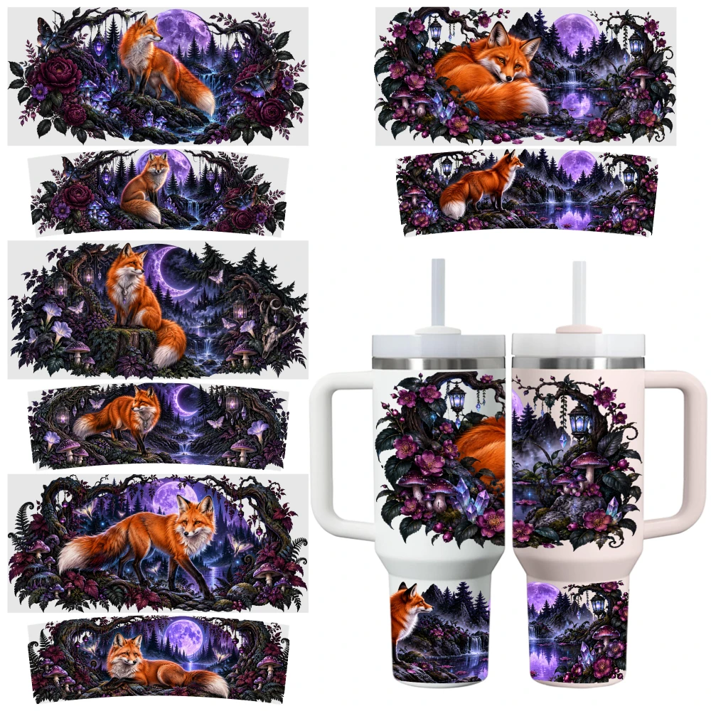 5 Sheets Mystical Fox Forest Moonlight Floral Wrap UV DTF Stickers for 16 oz Glass