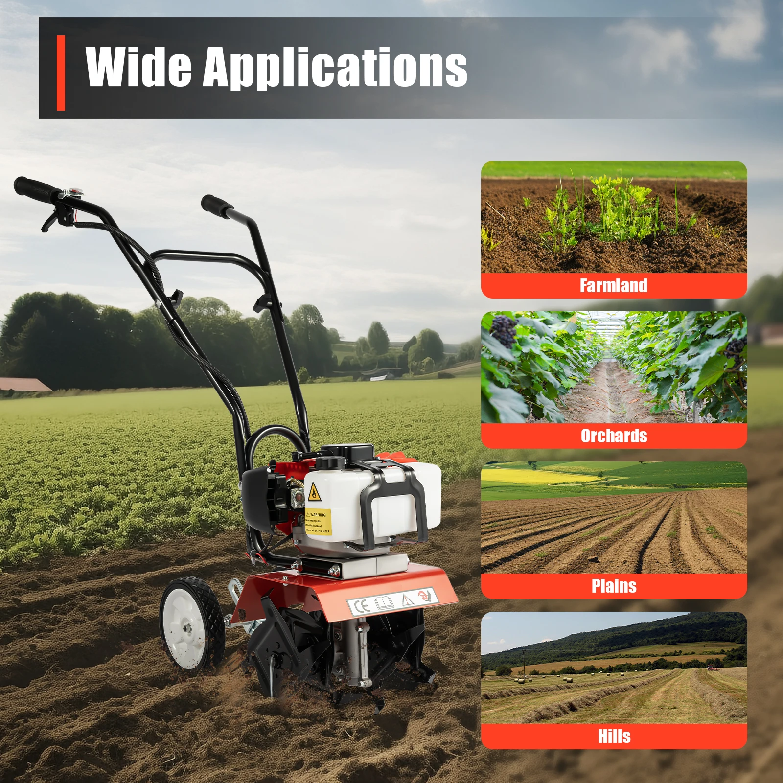 

52CC Garden Tiller Mini Gasoline Tiller Farm Cultivator Yard Soil Tilling Machine 1.7KW for Cultivation Trenching Soil Tillage